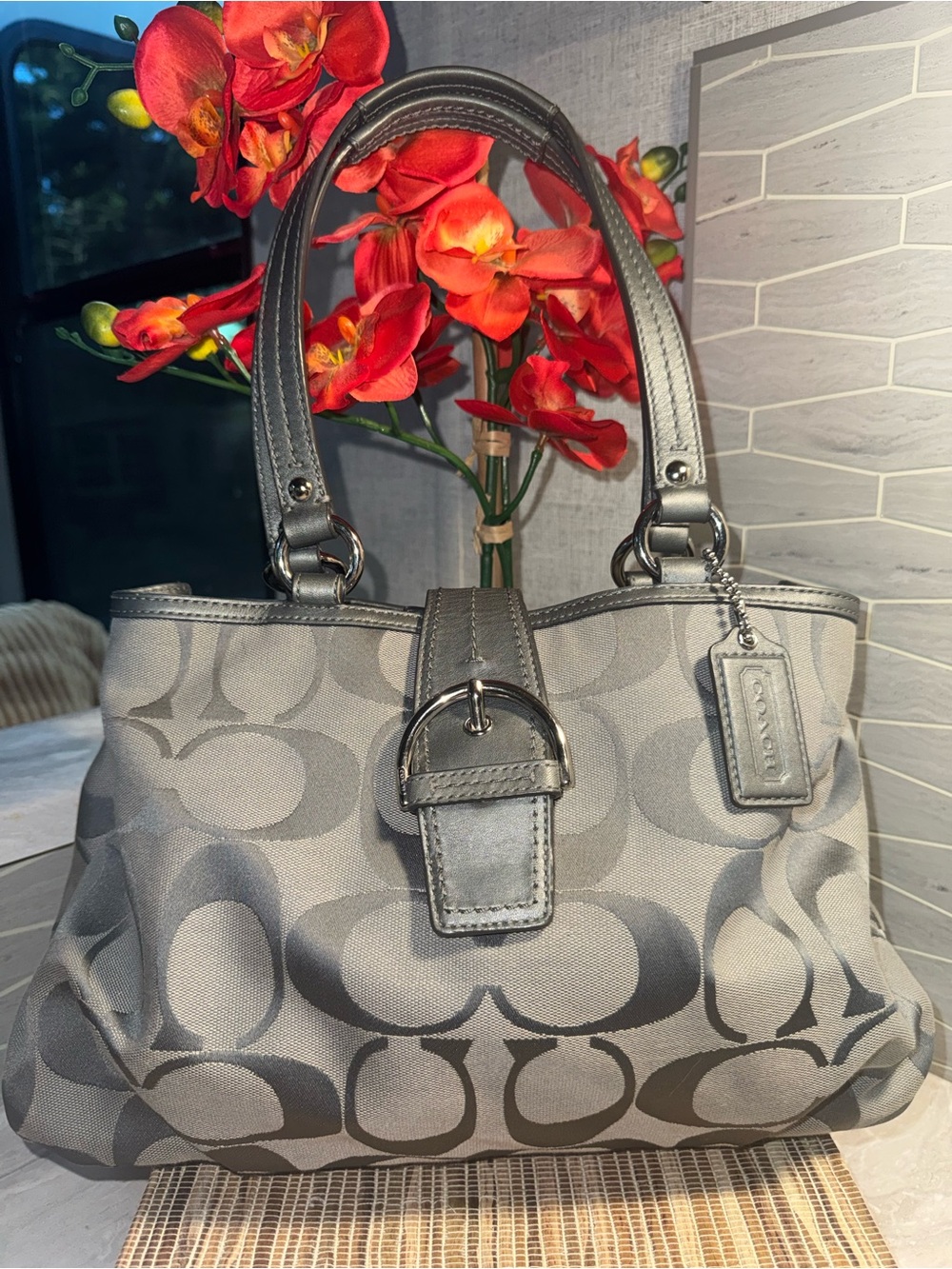 EUC Coach SoHo Gray Signature Canvas Shoulder Bag with Leather Trim